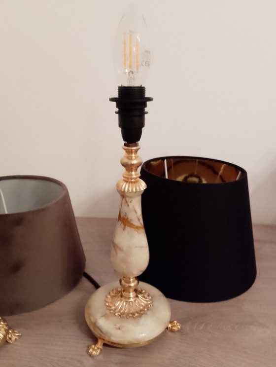 Image 1 of Set of 2 vintage neo-classical style bronze and onyx lamps, fully restored