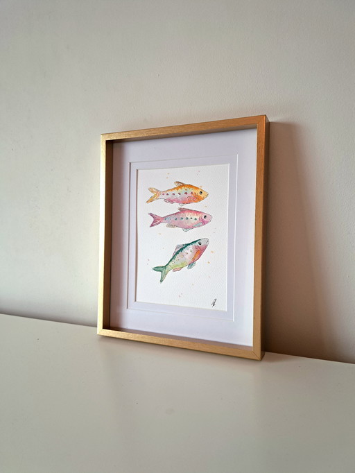 Watercolor painting colorful Sardines | With frame