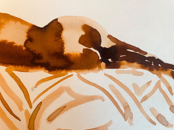 Image 1 of Aquarelle monochrome couleur tabac portrait féminin « sieste au Kenya »