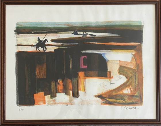 Image 1 of Lithografie van Georges Briata EA, Camargue Guardians & Horses, jaren 70