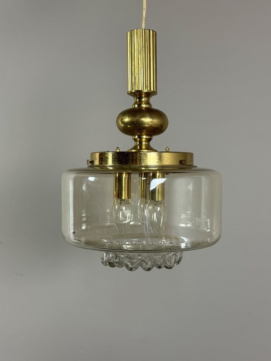 Image 1 of Mid-Century Brass and Glass Pendant Lamp, Attributed to Doria. Germany, 1960s.