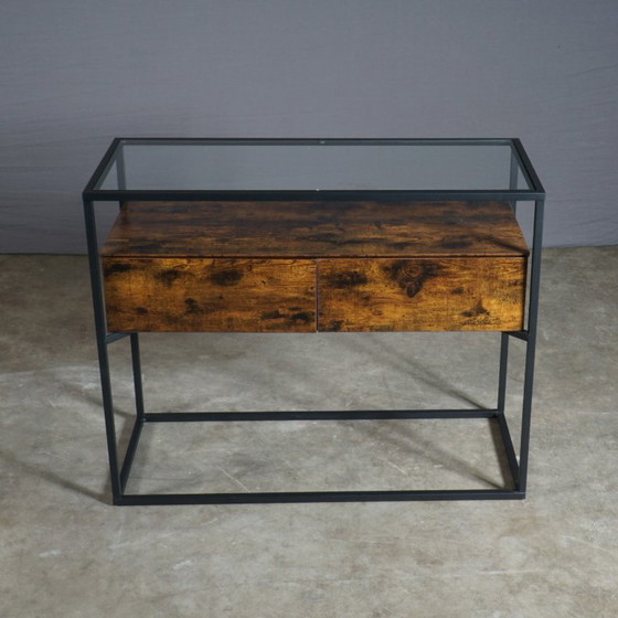 Industrieller Beistelltisch – schwarzes Metall – Glas – Holzschubladen – Beistelltische, Vintage (photo 5 of 9)