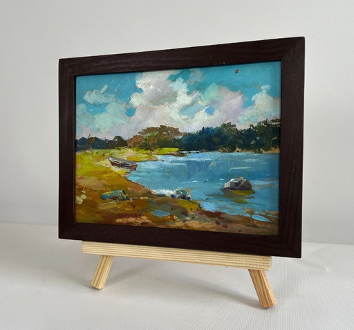 Original Oil Painting Summer River Landscape Summer harmony of water and sky