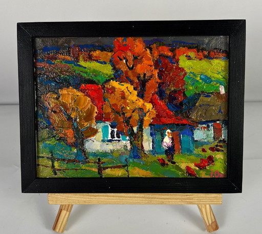 Original Oil Painting Countryside Landscape House Crimson Autumn in the Village