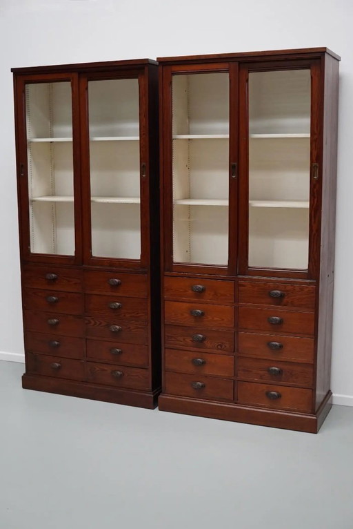 Large antique Belgian apothecary cabinet / display cabinet made of pitch pine, ca. 1900