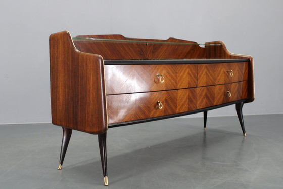 Image 1 of Buffet italien organique des années 1950 avec plateau en verre et 4 tiroirs