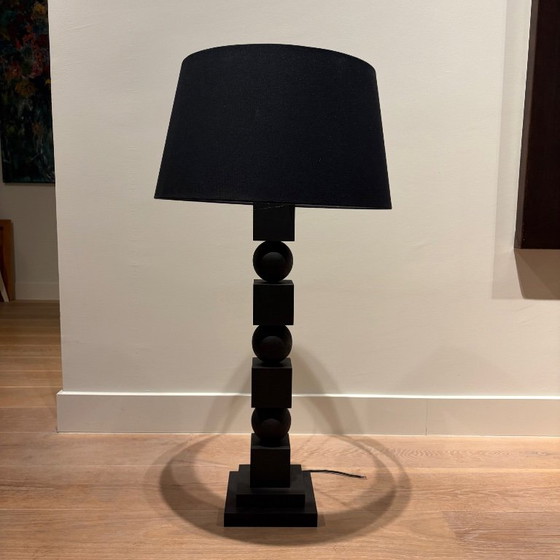 Lampadaire noir avec base géométrique, Bois, Textile, Modern (photo 2 sur 5)