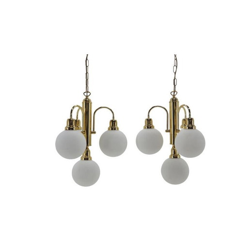 Coppia di lampadari d'epoca in vetro e ottone con globi, Cecoslovacchia