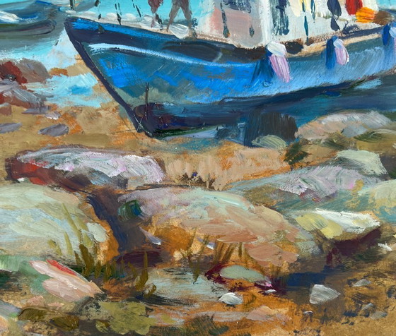 Image 1 of Original Oil Painting Summer Sea Landscape Boat on the horizon
