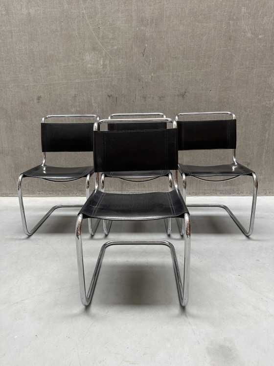 Image 1 of 4x Mart Stam S33 Stühle, FASEM Chrom und Sattelleder, Italien '70