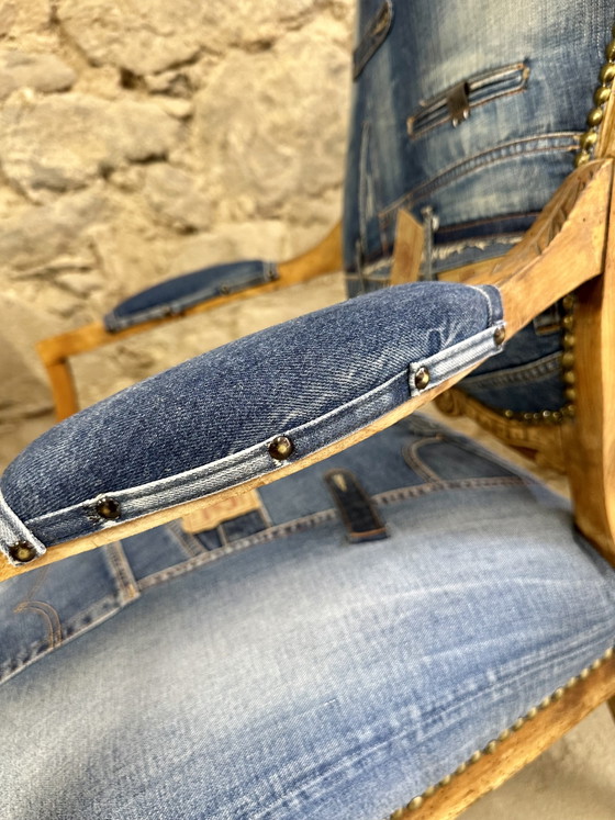 Poltrona Vintage Unica in Denim – Stile Luigi XV Restaurato – Poltrone, Wood, Textile (photo 3 of 12)