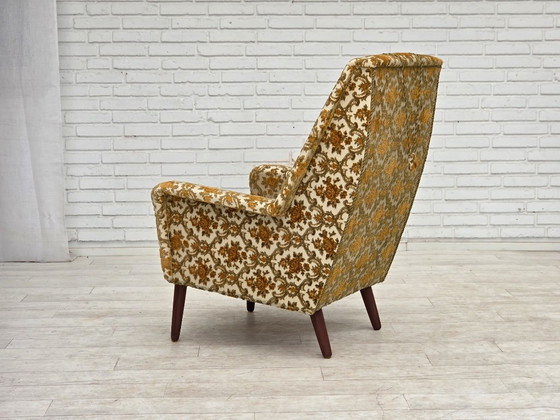 Fauteuil danois à dossier haut des années 1970, tissu d'ameublement marron/beige, bois de teck. – Textile (photo 11 of 13)