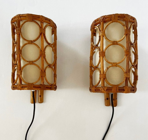 Mid-Century Rattan Wall Sconces — Louis Sognot Style – wandlampen