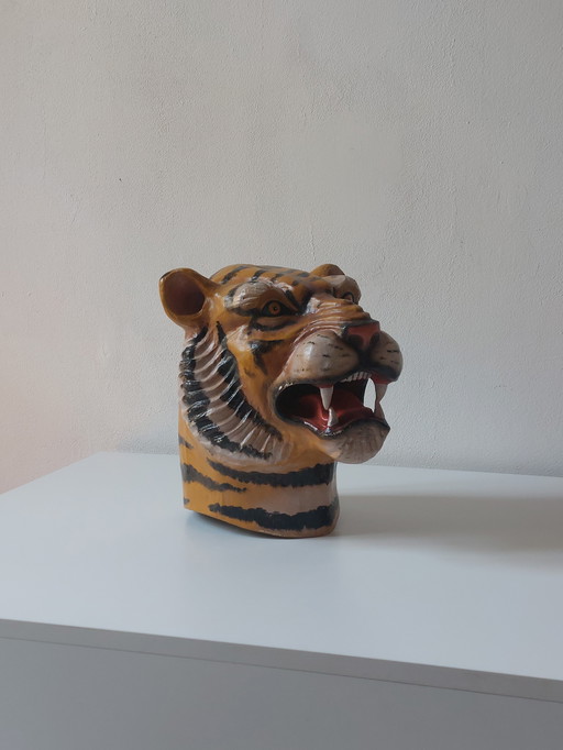 Ancien masque de tigre en papier mâché peint à la main, accessoire de théâtre pour enfants