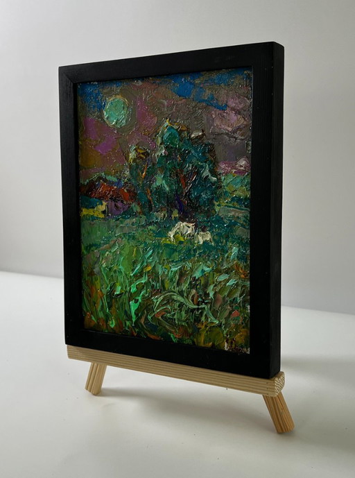Original Oil Painting Summer Village Landscape The Moon Shines Over The Field – schilderijen tekeningen (photo 2 of 8)