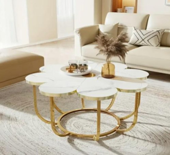 Image 1 of Modern Flower-Shaped Coffee Table, White Faux Marble & Metallic Gold: New in Box
