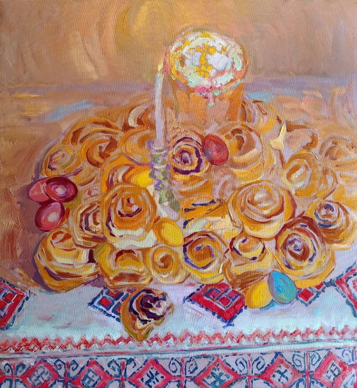 Origineel olieverfschilderij Interieur Taart Traditie Paasstillevens