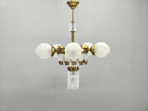 Tsjechische art-deco kroonluchter van messing en glas, jaren 1950