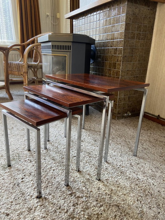 Vintage nesttafels jaren'70 chroom/palissander – Bijzettafels, Hout (photo 3 of 9)
