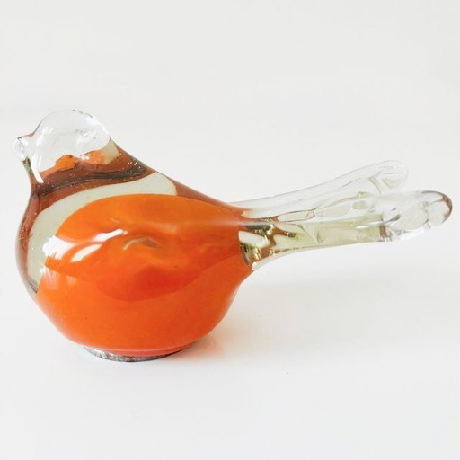 Vintage mondgeblazen vogelsculptuur glas presse-papier glazen vogeltje murano stijl vogelbeeldje oranje 1980's