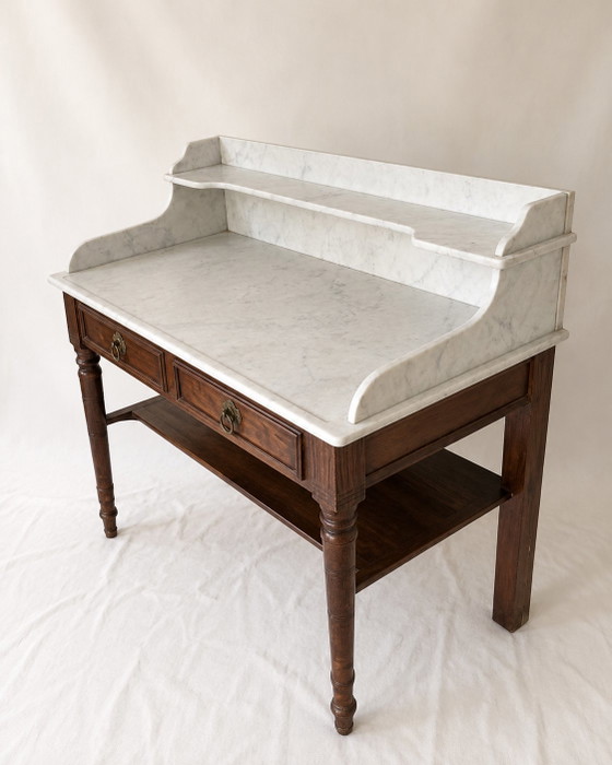 Antiker Schminktisch im Stil Ludwigs XVI. aus Holz und weiß geädertem Marmor – Kommoden, Wood, Marble (photo 3 of 5)