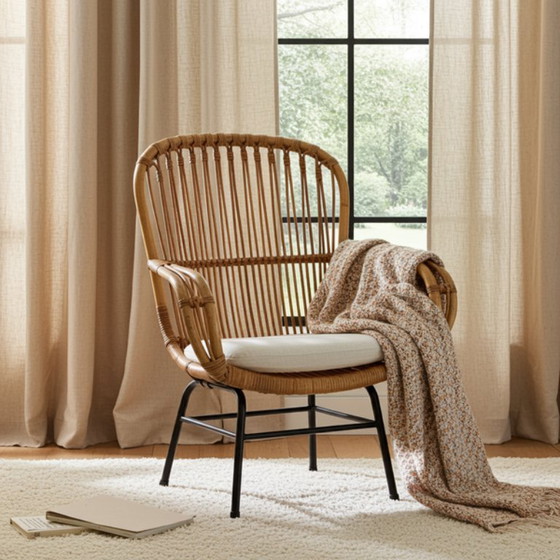 Image 1 of Fauteuil vintage en rotin Rohé Noordwolde – Fauteuil design des années 1960 avec pieds en métal