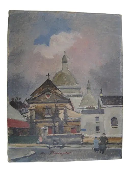 Midden 20e Eeuw "De Kerk" Impressionistische Landschap Olieverfschilderij door Antoine Burger
