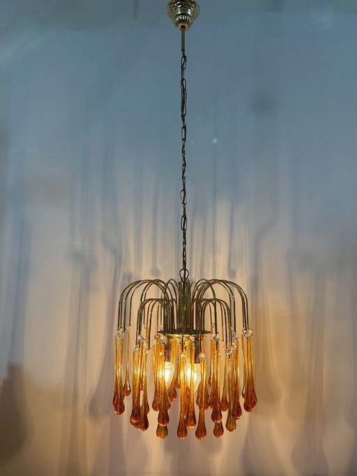 Gold-Plated Metal & Murano Glass Drop Chandelier by Paolo Venini for Mand Eurolux, 1970s