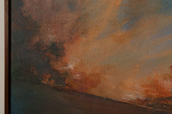 Large Original Blue and Orange Abstract Landscape Painting, Textured Acrylic Canvas - Whispering Embers (photo 15 of 23)