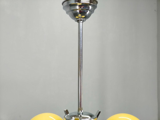 Image 1 of Art Deco Chrome and Opaline Glass Chandelier, Czechoslovakia