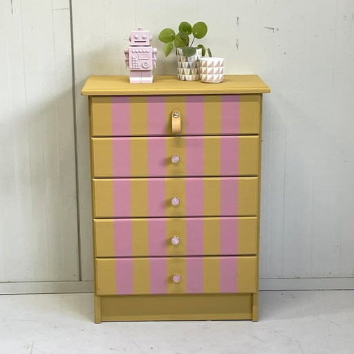Restyle vintage chest of drawers trendy stripe pattern pink & ochre yellow