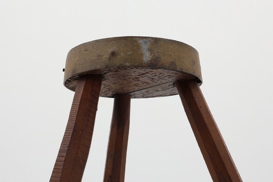 Image 1 of Brutalist French solid oak tripod stool with metal rim, 1850s