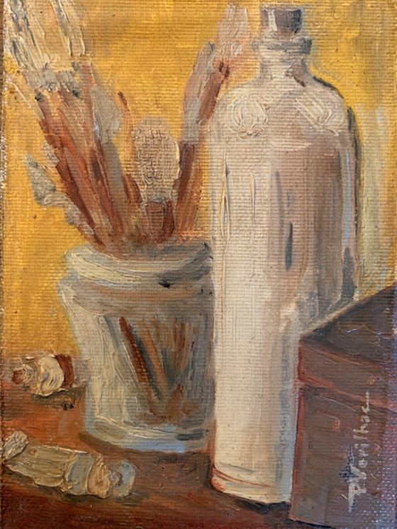 Image 1 of Small oil painting on canvas, still life, "studio"
