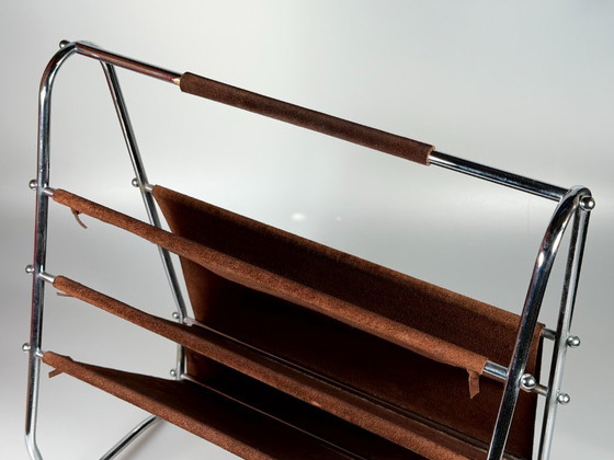 Image 1 of 1960s/70s Newspaper Holder/Magazine Stand, Metal/Leather, Mid-Century Design