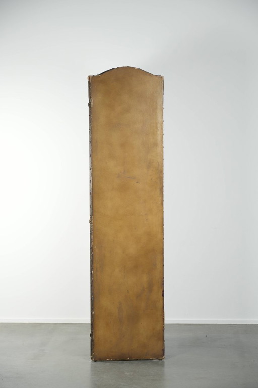 Prachtige antieke Engelse rode lederen met de hand beschilderde Chinoiserie roomdevider/ kamerscherm met florale motieven