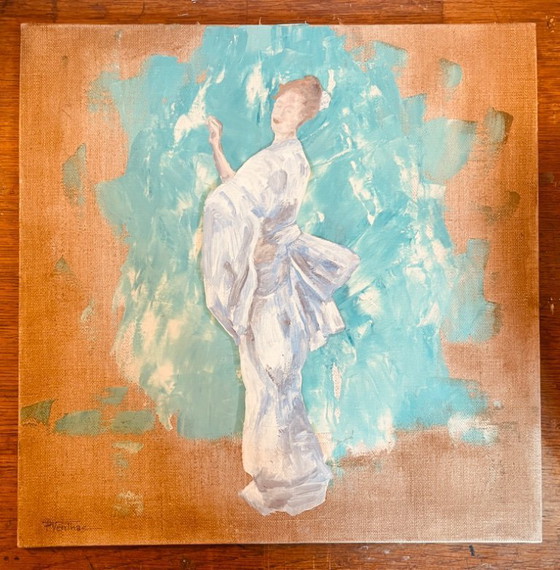 Image 1 of Signed oil painting on canvas, female portrait "Geisha Blues"