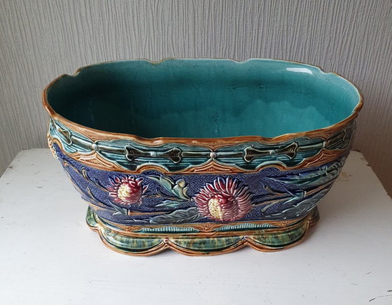 Belgian Majolica Jardinière, Faïencerie de Wasmuël (c.1900), Wasmuel, Plant pot, Ceramic, Multi Color (photo 3 of 13)