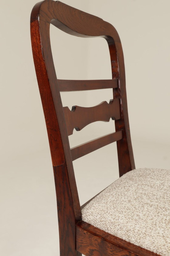 Image 1 of Art deco antieke eetkamerstoel eiken hout sneeuwvlokken stof 1950