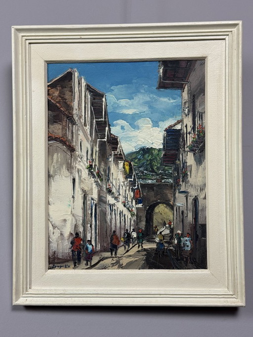 Straatbeeld in Quito door Mario Ronquillo, olieverf op doek, Ecuador, jaren 70