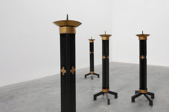 Image 1 of Rare set of 4 very large church candle sticks in black metal and copper, 1960s