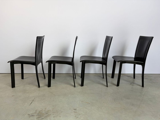 Vintage Zwart Lederen Eetkamerstoelen, Set Van 4 - Jaren 70 – Leather (photo 5 of 9)