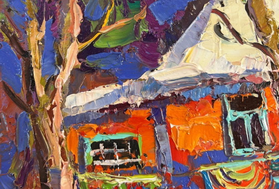 Image 1 of Original Oil Painting Frosty House Landscape The quiet beauty of a winter morning