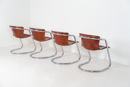 Set Of 4 Rare Leather Dining Chairs By Willy Rizzo For Metaform (The Netherlands, 1970S).