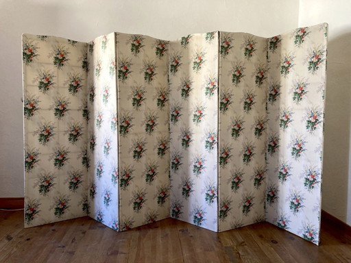 Antique 6-panel folding screen in wood and fabric, 1950s-1960s