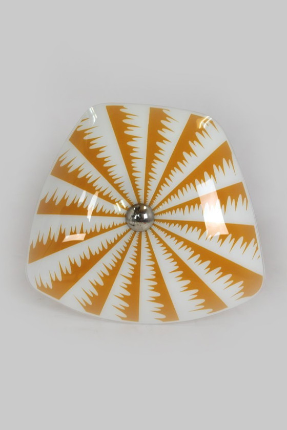 Image 1 of Tschechische Glas-Pendelleuchten aus der Mitte des 20. Jahrhunderts mit geometrischem und farbenfrohem Dekor, 1970er Jahre, 6er-