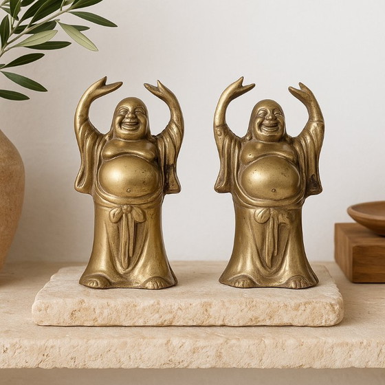 Image 1 of Coppia di statuette vintage in ottone raffiguranti il ​​Buddha sorridente | Decorazione Feng Shui Hotei Budai
