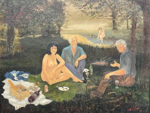 Dipinto di Camille Delahaut, 'Il pic-nic' Vintage