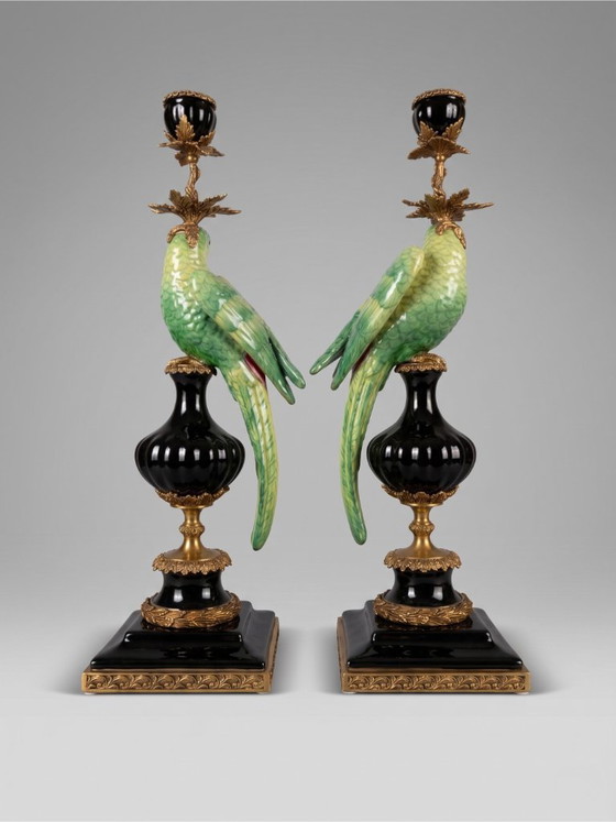 Image 1 of Paar Papageienleuchter aus Porzellan und vergoldeter Bronze – Stil Ludwigs XVI. – 47 cm