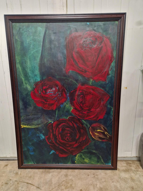 Image 1 of Large classic painting with roses in a thundering classic frame, dimensions: 113 cm wide and 168 cm high.