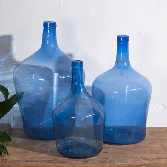 Antique blue colour demijohns (c.1920). Set of 3 pieces #1 – Glass & Decanter (photo 5 of 10)